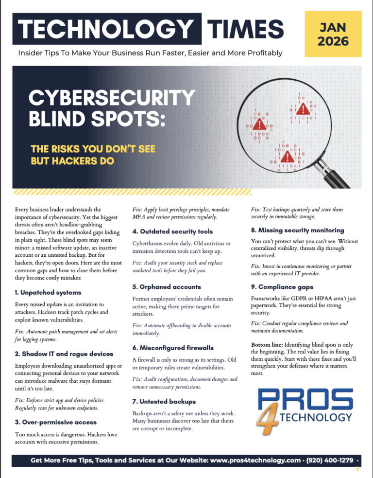 A magazine page from "Technology Times" publications features an article on "Cybersecurity Blind Spots," showing a magnifying glass over a circuit board with warning symbols. The text highlights risks like unused software and missed security monitoring.