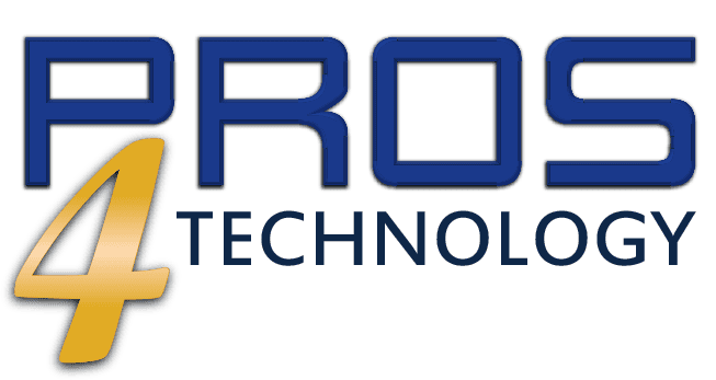 Logo with the words "PROS 4 TECHNOLOGY." "PROS" is in large blue letters, "4" is gold and stylized, and "TECHNOLOGY" is written below in smaller blue letters. White background.